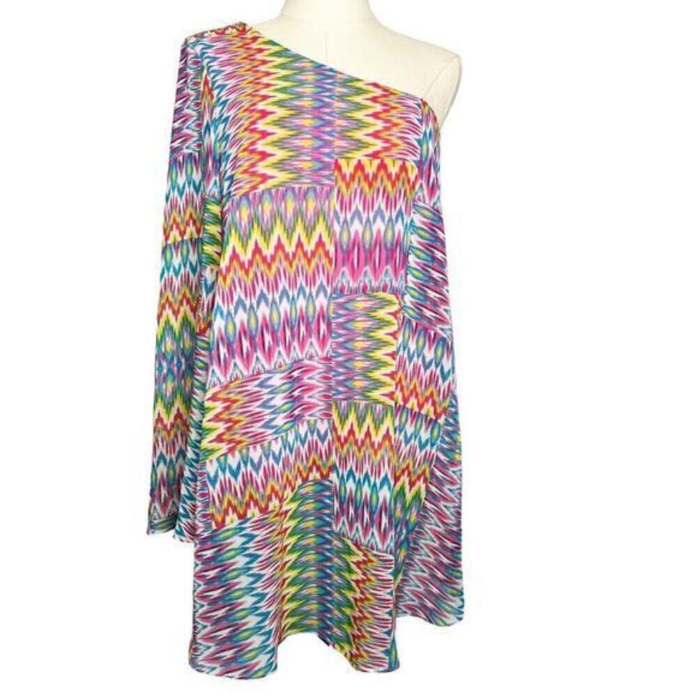 Umgee One Sleeve / Sleeveless Zig Zag Print‎ Dress Size Medium - Picture 2 of 9